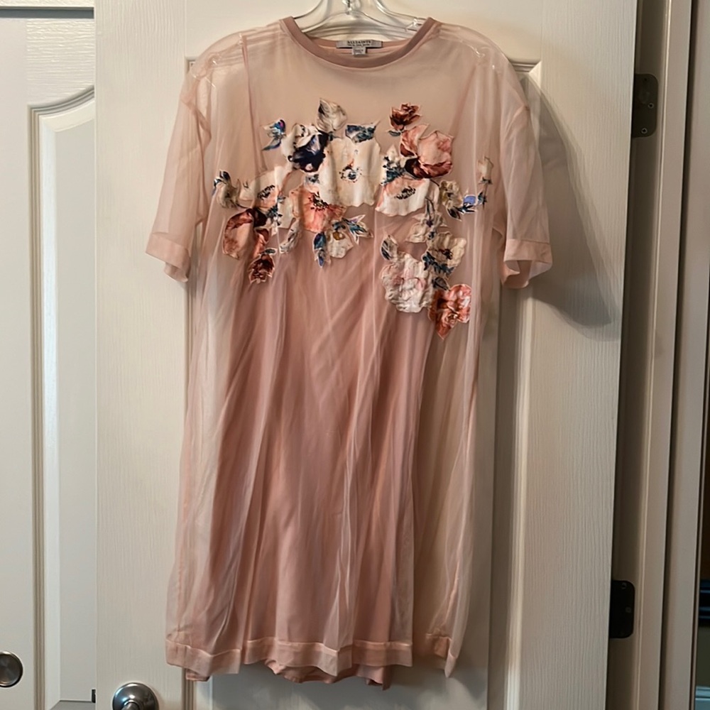 All Saints pink/blush mini tshirt dress, sheer w floral appliqué